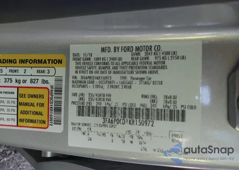 2019 Ford Fusion Sel из США, поврежденный, VIN 3FA6P0CD1KR150972